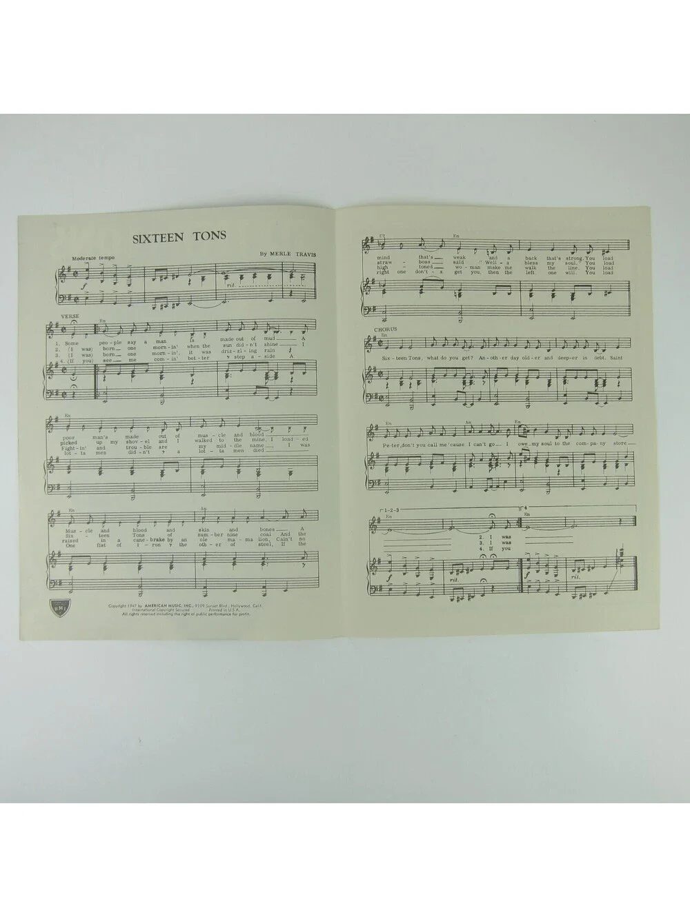 Sheet Music Sixteen Tons Merle Travis Tennessee Ernie Ford Vintage 1947